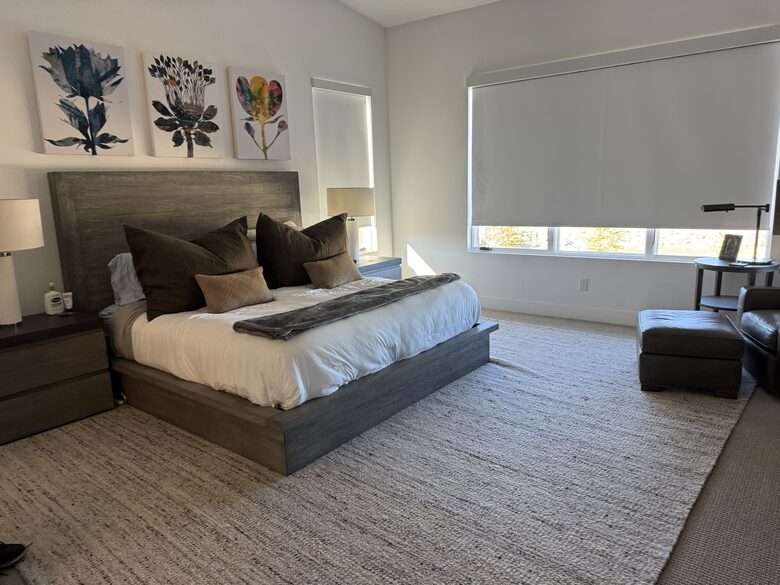 Master Bedroom, automated shades, fireplace, TV