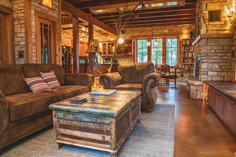 Living area. Built-in TV under the lid of the coffee table.