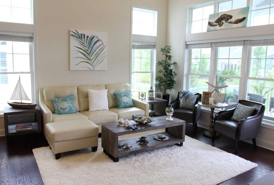 Family room with ample seating and large TV with streaming device