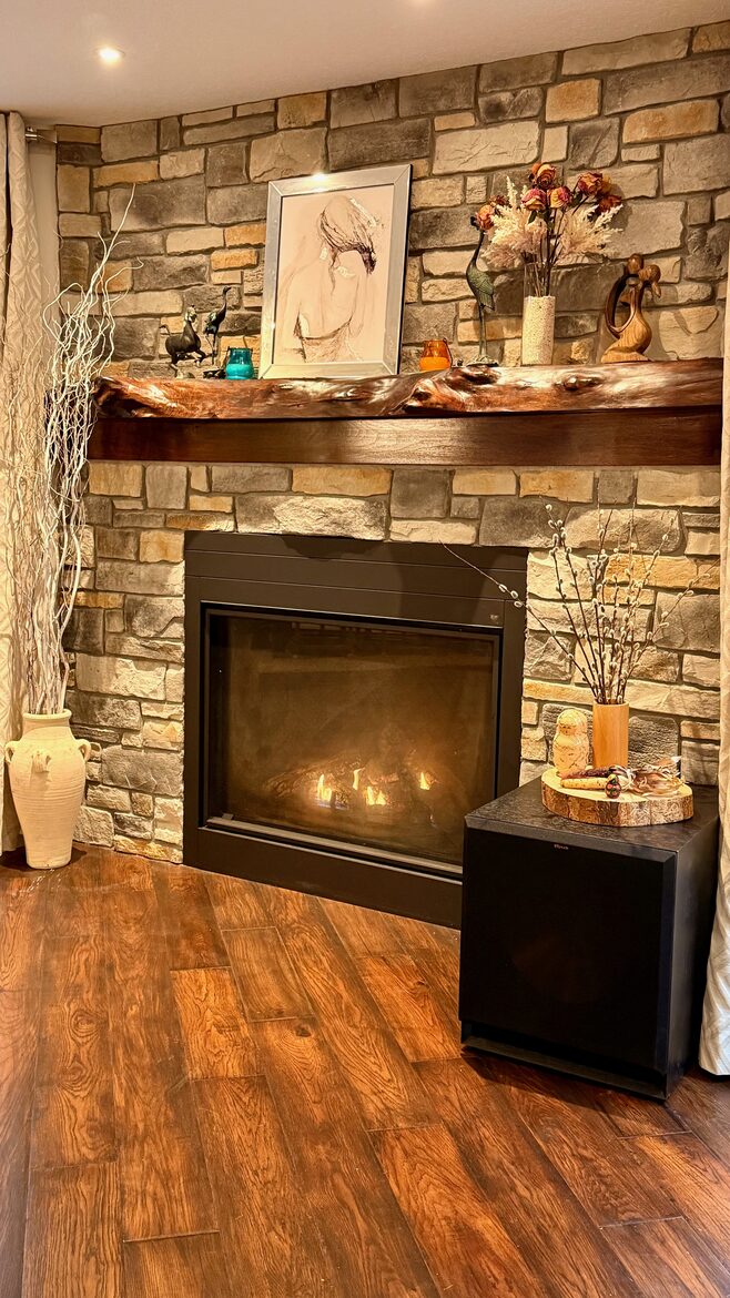 When the Muskoka autumn air turns crisp, the living room fireplace bec