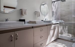 Primary bedroom ensuite bath with skylight shower
