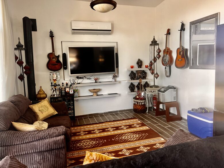 living room with TV and bed settee ice machine cooler and guitars