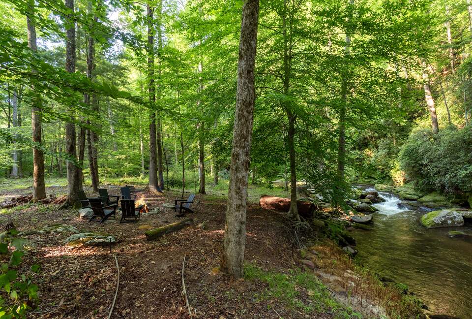 View looking from the screened back porch to the fire pit