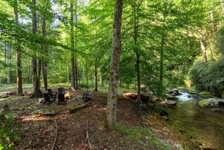 View looking from the screened back porch to the fire pit