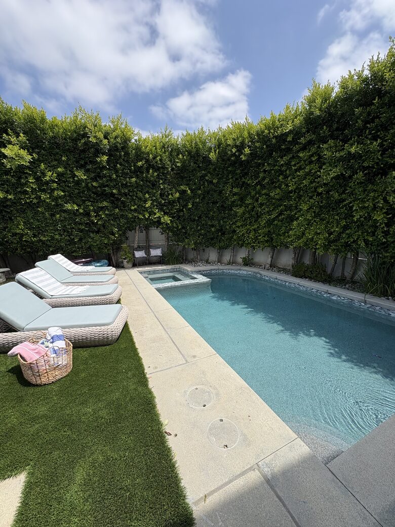 Pool, hot tub, and loungers
