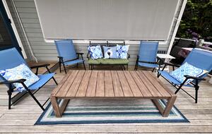 Bay view deck seating area, overlooks large lawn