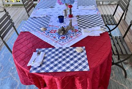 Outdoor bay view deck dining area, overlooks lawn