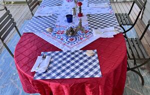 Outdoor bay view deck dining area, overlooks lawn