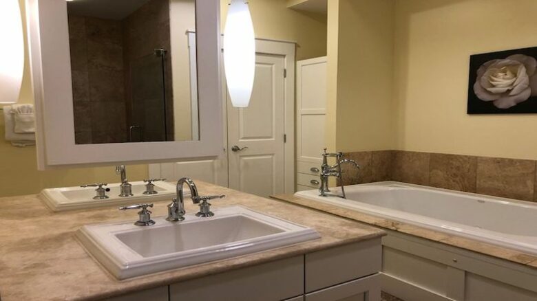 Master bathroom with glass shower and separate tub