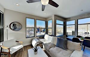 Main floor living room with beige sectional