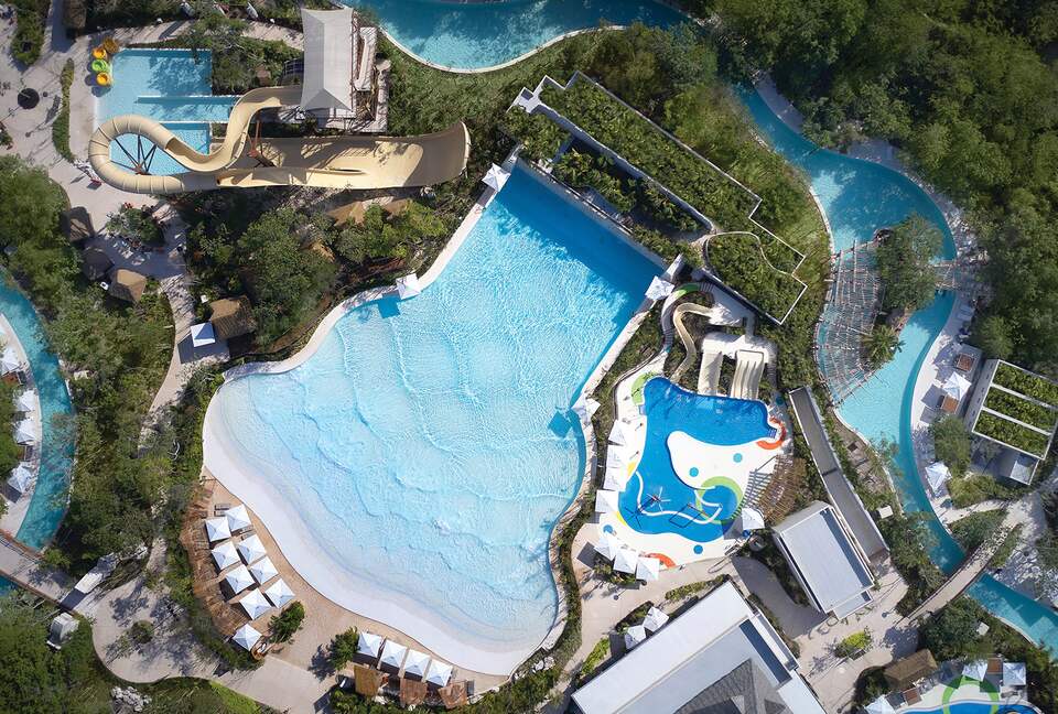 An aerial view of the wave pool at Jungala in Riviera Maya.