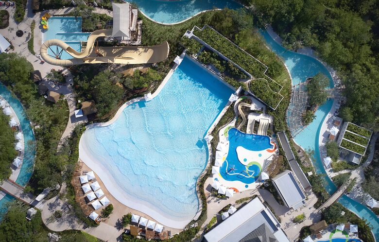 An aerial view of the wave pool at Jungala in Riviera Maya.