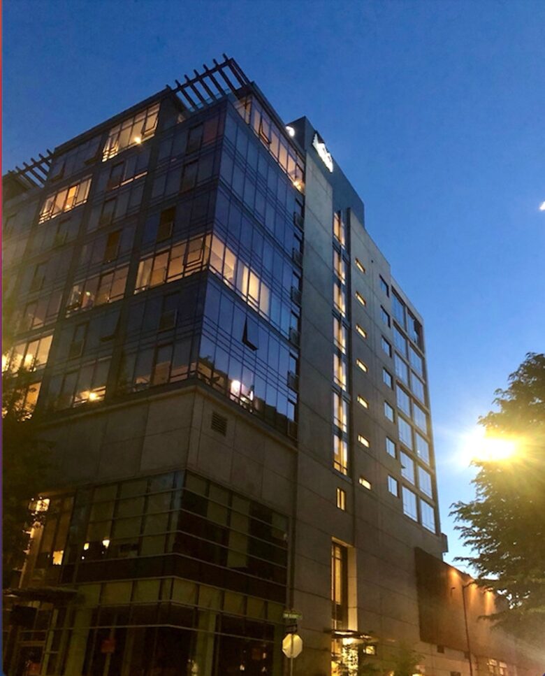 Home exchange in Portland, OR, exterior of building at night