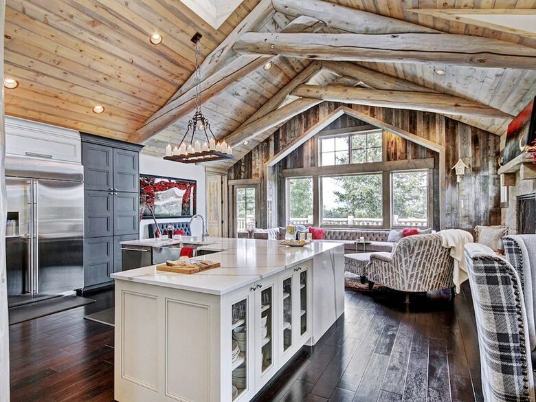 Home exchange in Breckenridge CO, kitchen with wood vaulted ceilings
