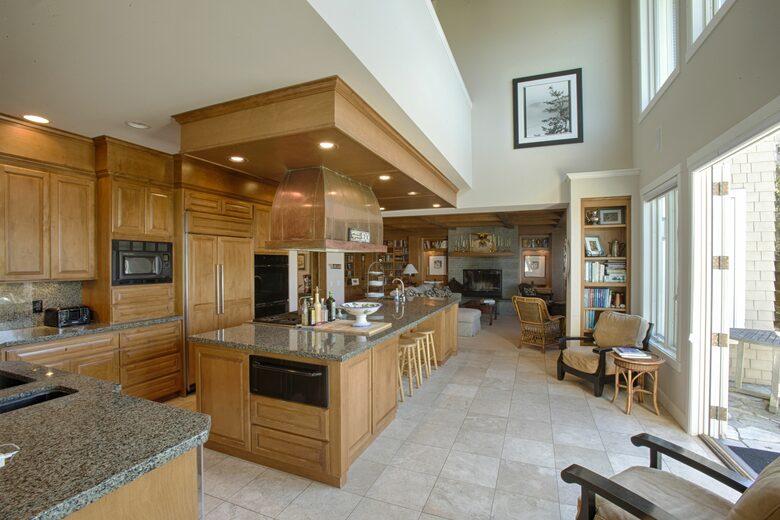 Open chef's kitchen with massive island