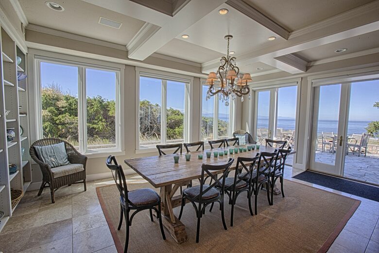 Dining room with waterfront views