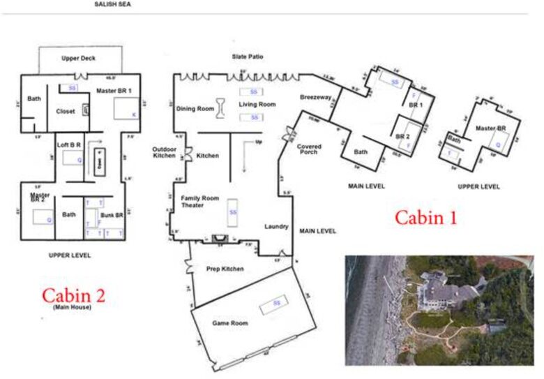 Property drawing of main house and guest cabin