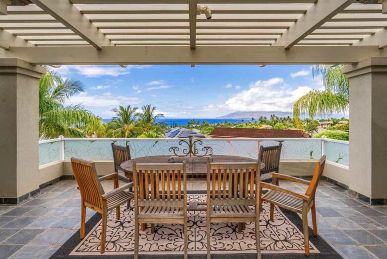 Outdoor dining area with ocean views