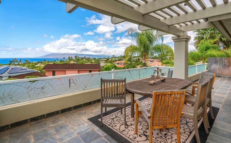 Outdoor dining area with ocean views