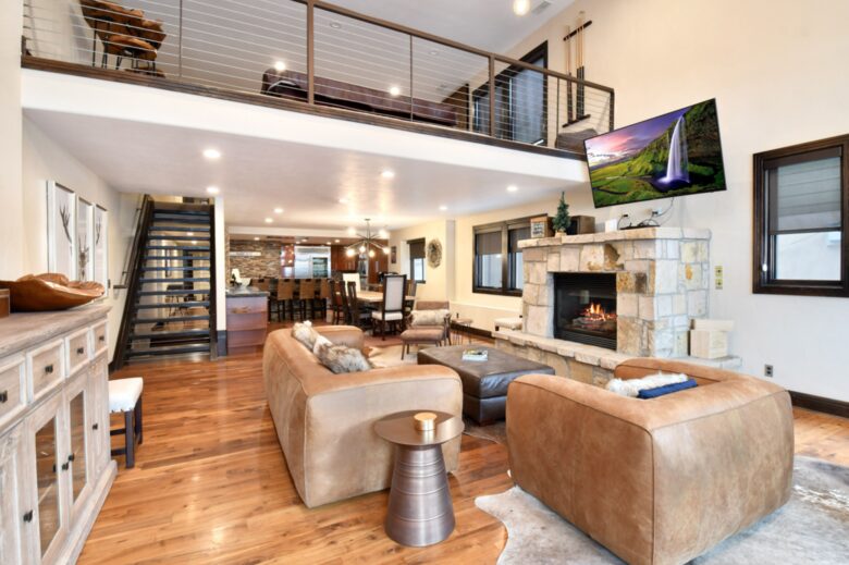 Open living room with fireplace