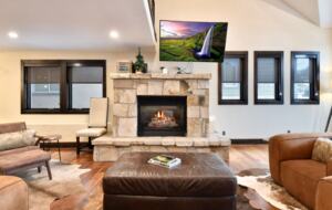 Open living room with fireplace