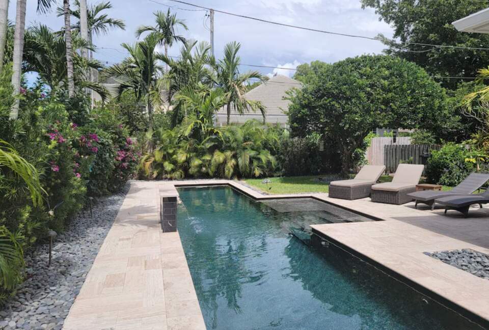 Private, heated pool with even taller foliage now