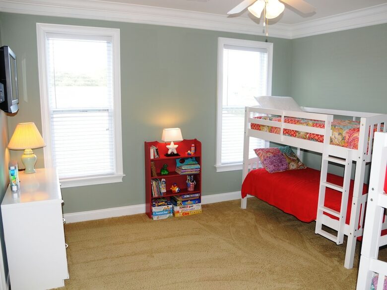Second Floor Bedroom with Two Bunk Beds, Dresser, TV and Full Bath