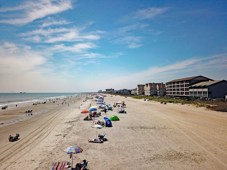 Drone photo of the beach facing south towards the Surfside Beach pier
