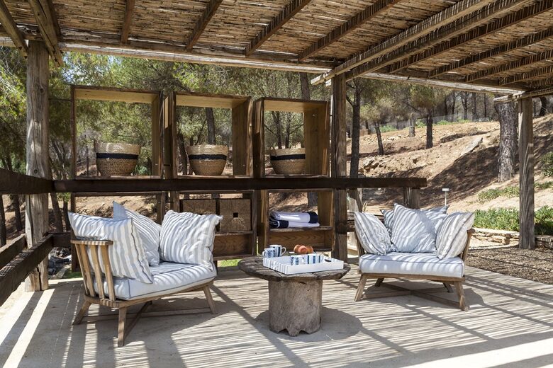 Shaded seating by pool