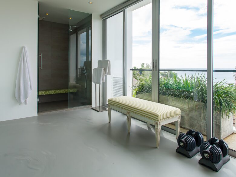 Master bathroom area looks over view
