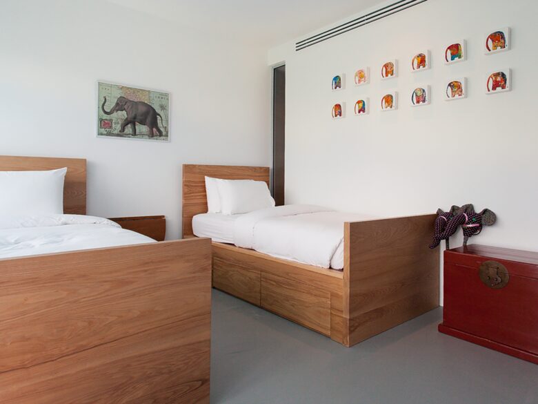 The blue twin bedroom downstairs