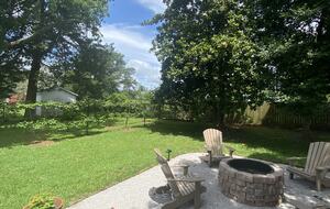 Firepit shaded by Oaks, a grape arbor, southern magnolia tree.