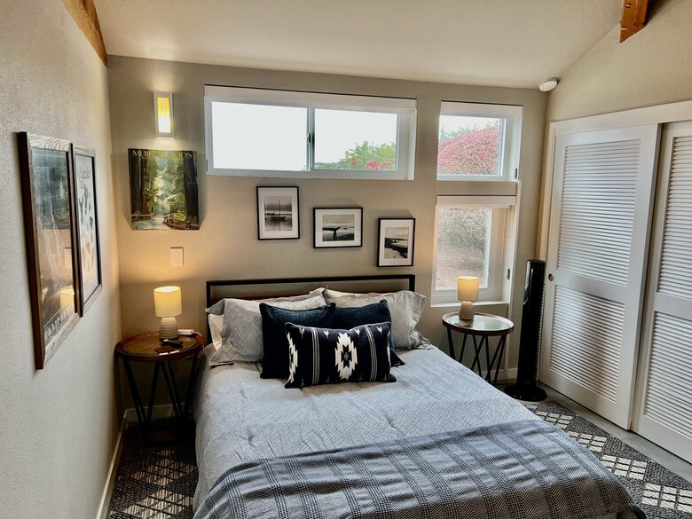 Downstairs queen bedding during warm months.