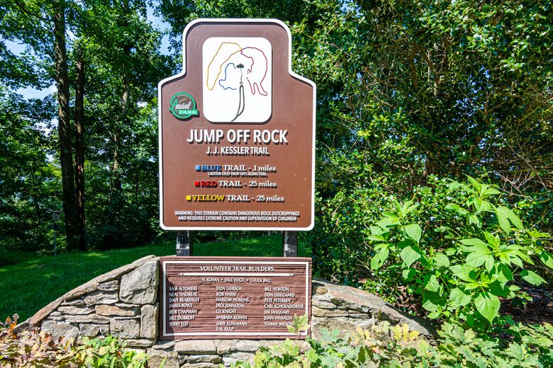 Jump Off Rock 50 yards away. Short trails; events sometimes