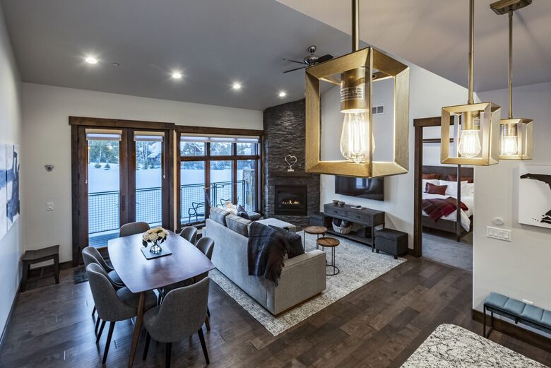Open concept living room, kitchen and dining area