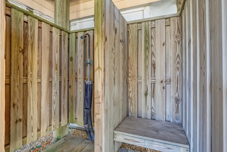Outside shower with hot and cold water