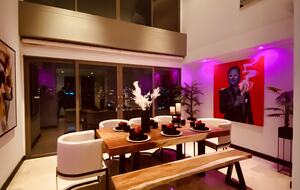 Dining room with double high ceiling