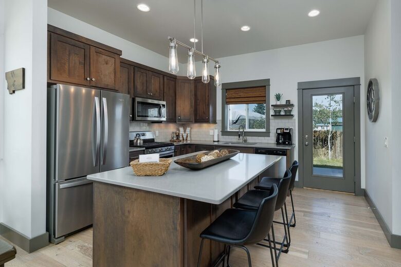 Kitchen opens to back patio