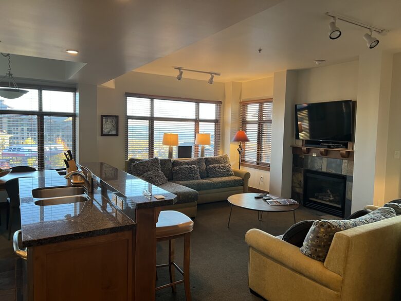 Extra large living room with fireplace and spectacular views