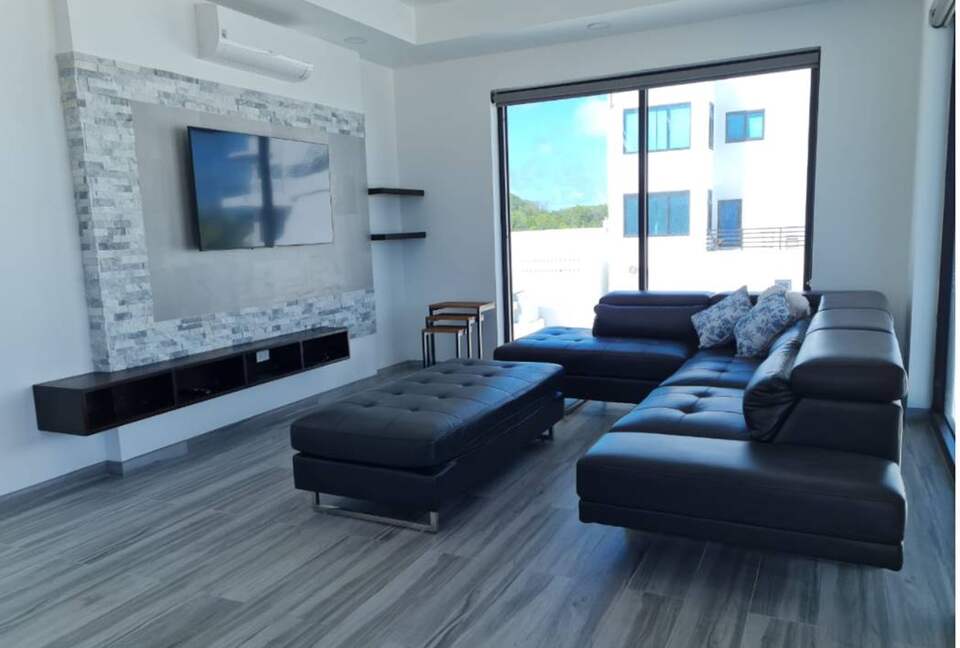 living room with sectional and tv