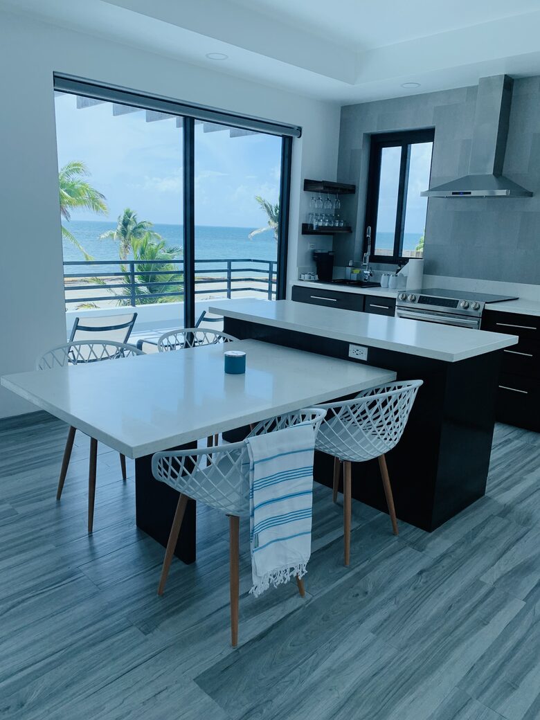 kitchen with island and dining attached