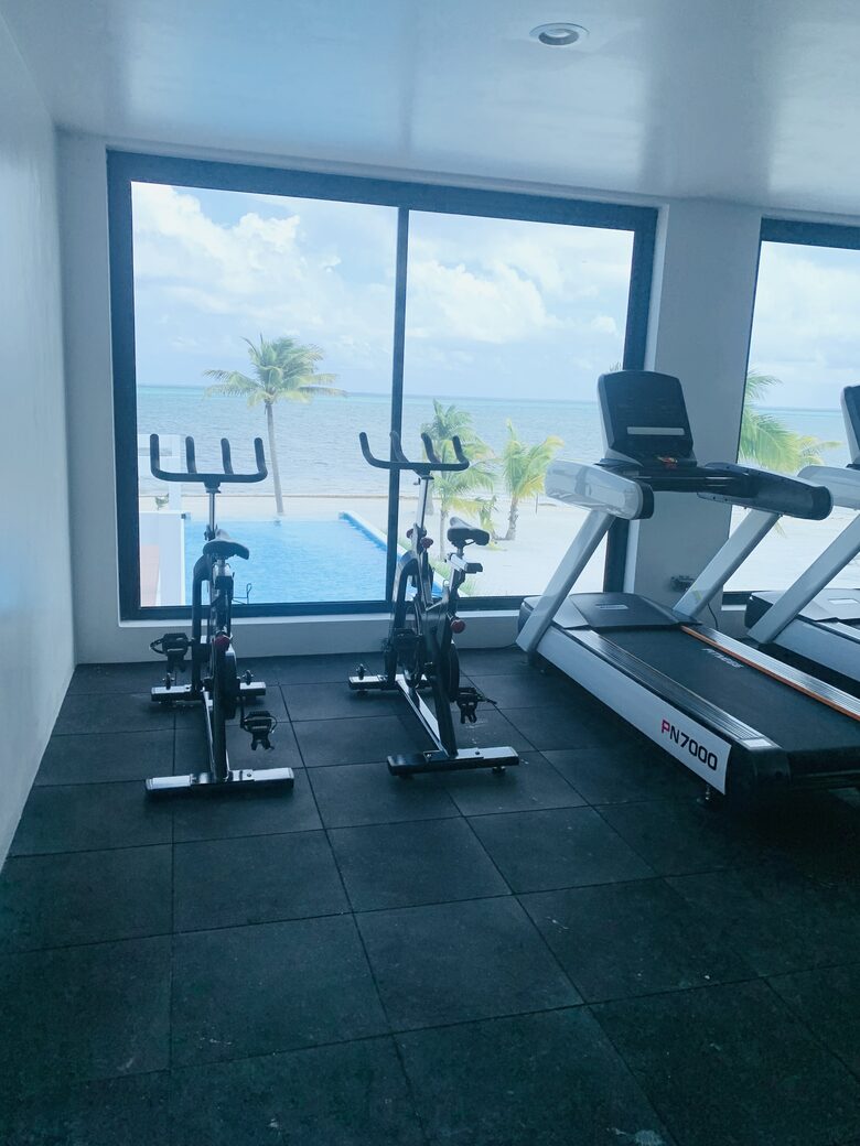 gym above front desk and lap pool