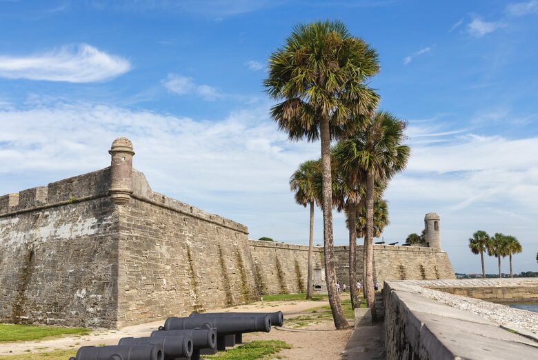 Historic Castillo San Marcos Gun Battery overlooks the bay