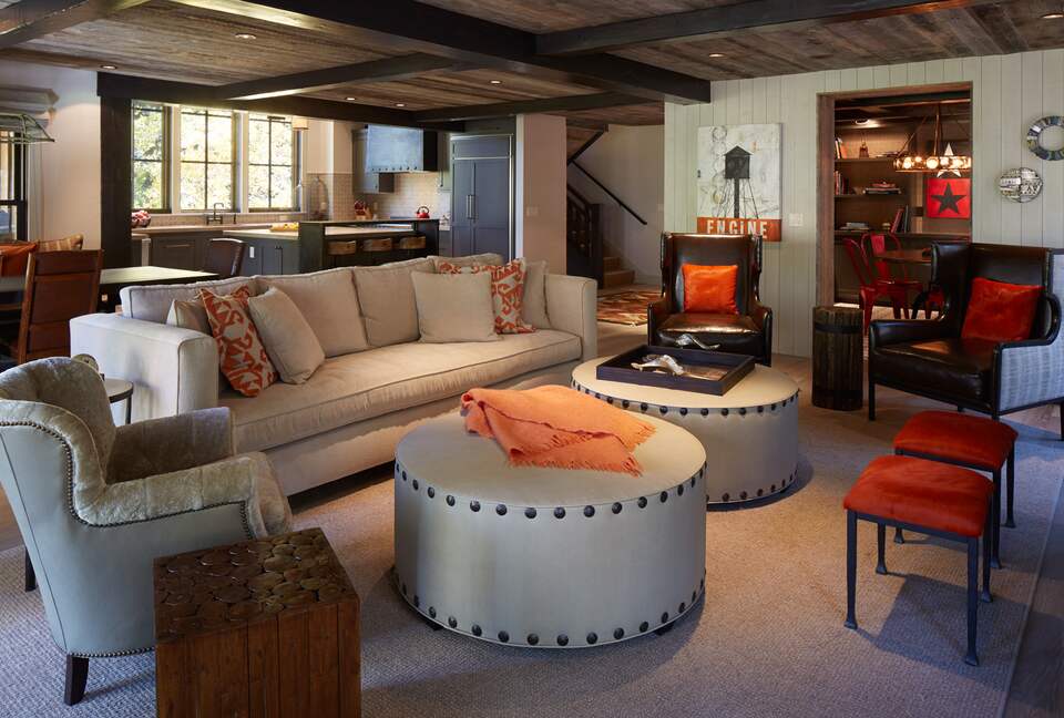 Large great room with huge wood fireplace