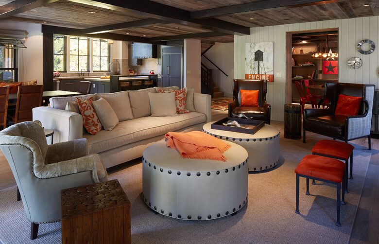 Large great room with huge wood fireplace