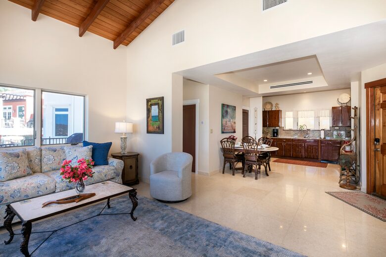 Living room, dining area and kitchen
