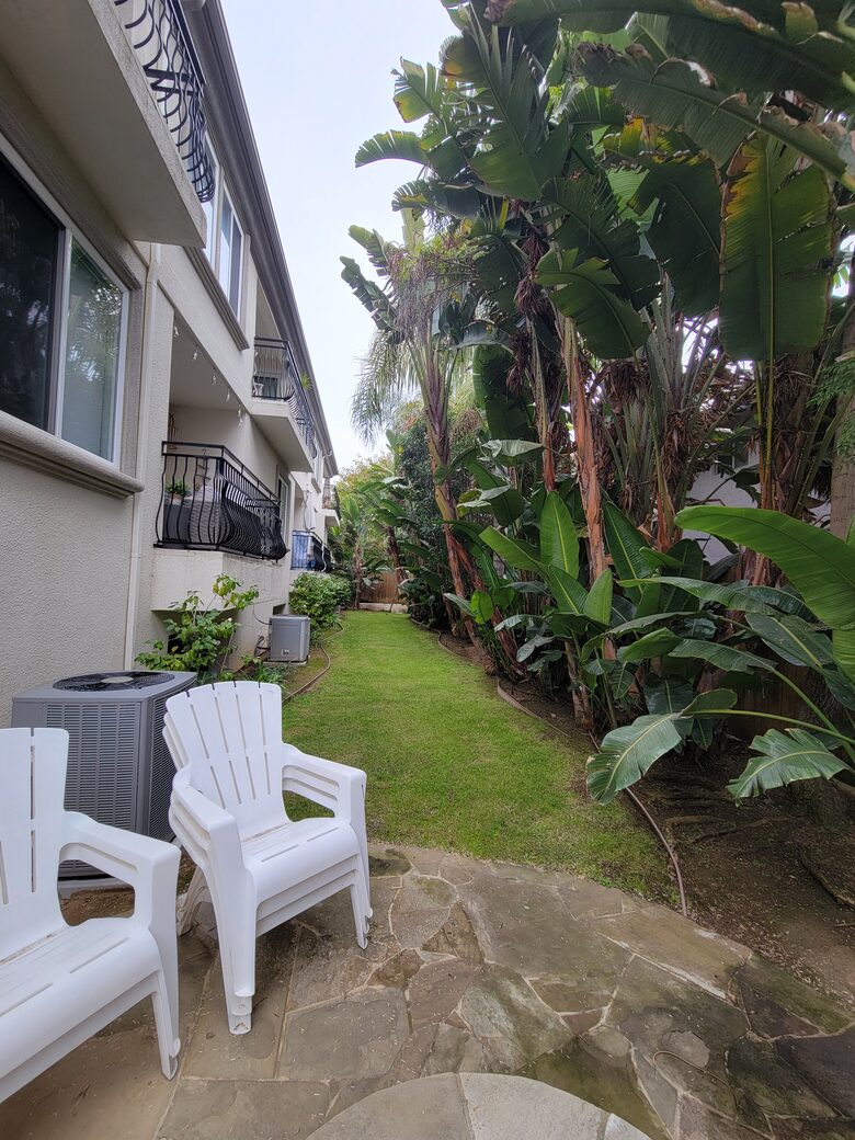 Shared back yard with barbecue and fire pit