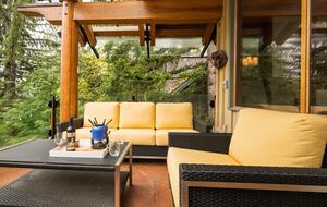 Amazing deck area overlooking creek - covered with glass roof