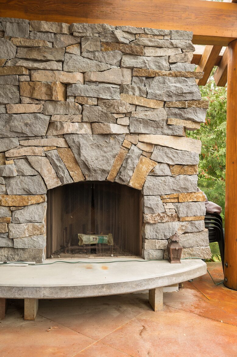 Outdoor fireplace on deck