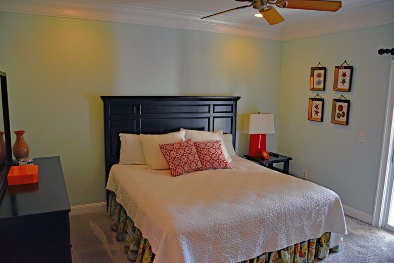 First Floor Master Bedroom with TV, Full Bath, Dresser and Private Dec